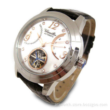 Men's Automatic Watch with Stainless Steel Case and Genuine Leather Band